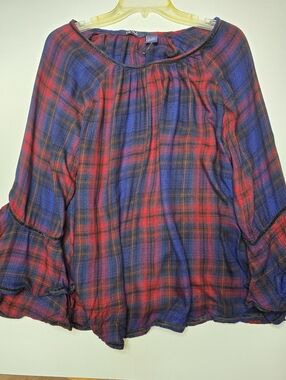 Life Style Plaid Peasant Blouse in Red & Blue Xl